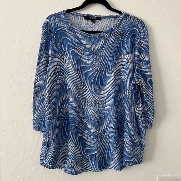 Toni Morgan Tops - Toni Morgan Blue Abstract Open Knit Sheer Top Layering 3/4 Sleeve Large